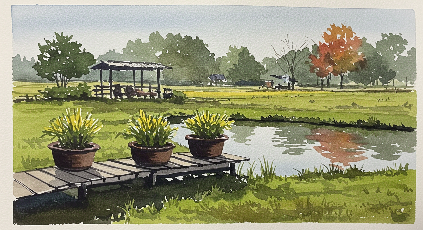a lean-to shelter near a pond, plants in planters in early fall